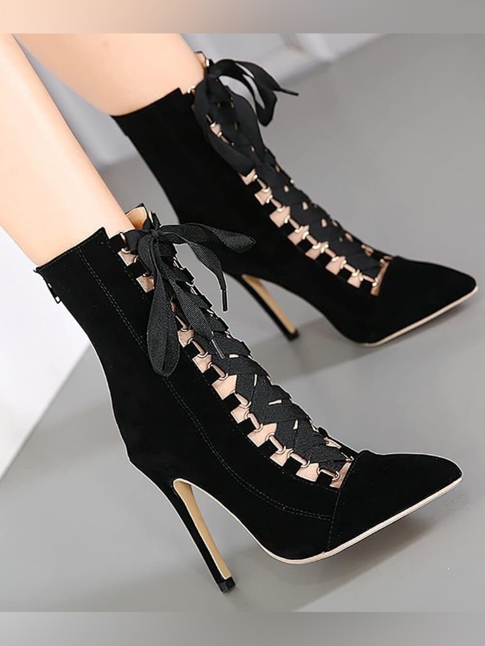 Black Velvet Faux Suede Lace Up Boots Witchy Gothic Heeled Victorian 40 9 - Picture 4 of 14